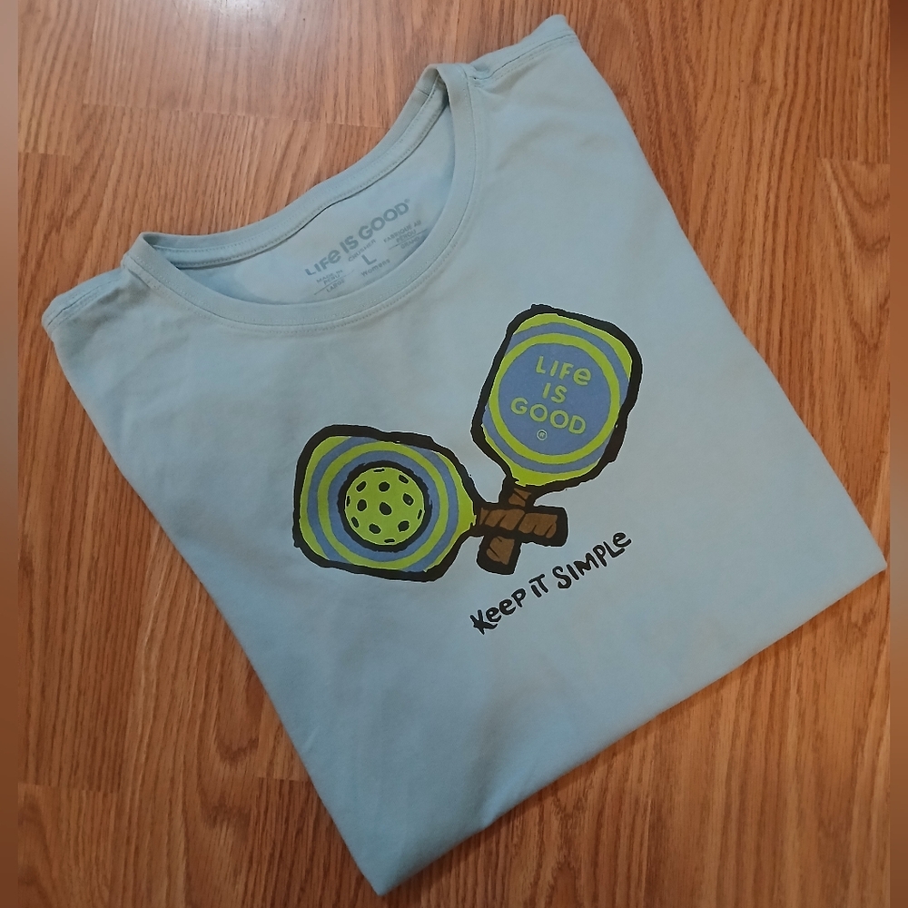LIFE IS GOOD Crusher Tee Pickleball.  Womens.  Size Large.  Color: Blue & Green.